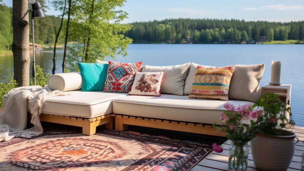 Outdoor sofa on a wooden deck beside a lake with colorful throw pillows.