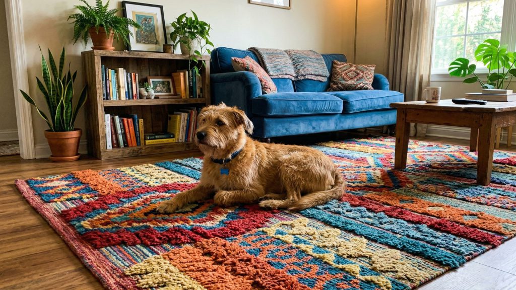 A dog on a vibrant rug in an eclectic-styled living room.