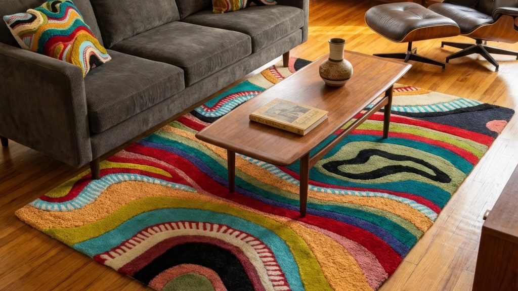 Yaya & Co's Echo rug in a furnished room with a sofa.