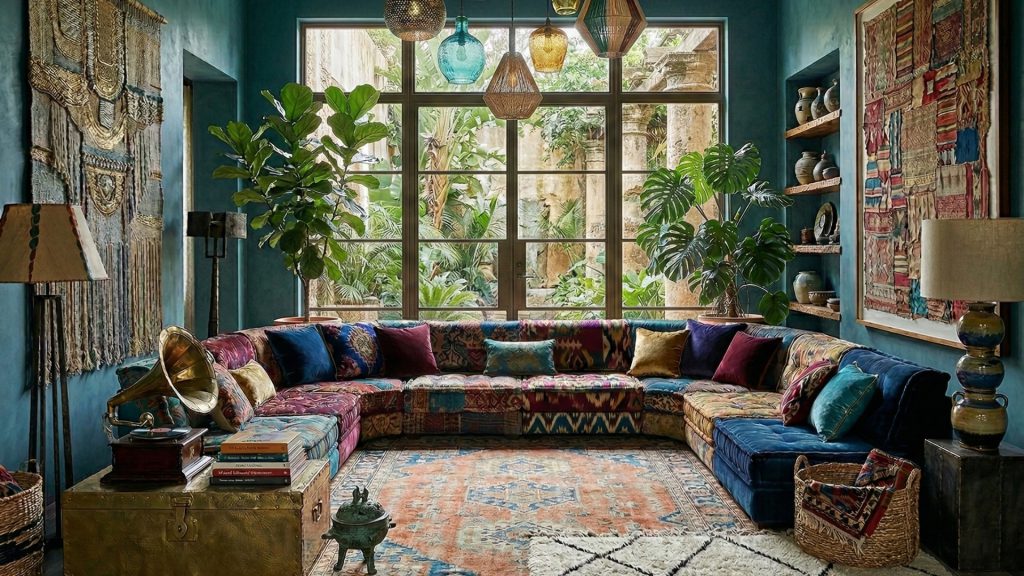 An eclectic sofa in a space with a boho-chic aesthetic.