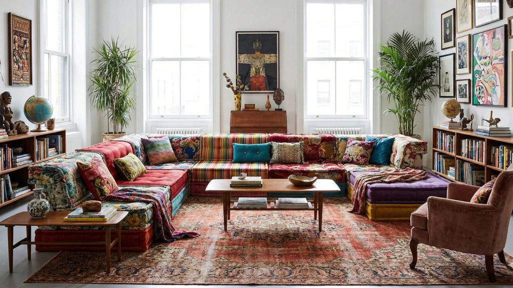 An eclectic modular sofa in a furnished living room.