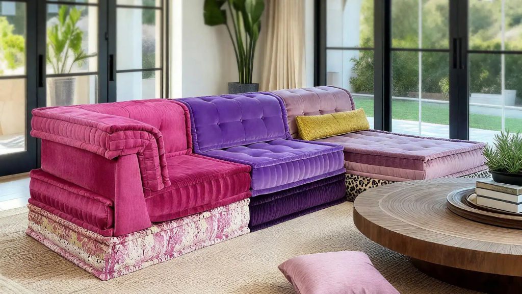 Adorn Croft's Esther Colorful Sofa in a modern living room with a backyard view.