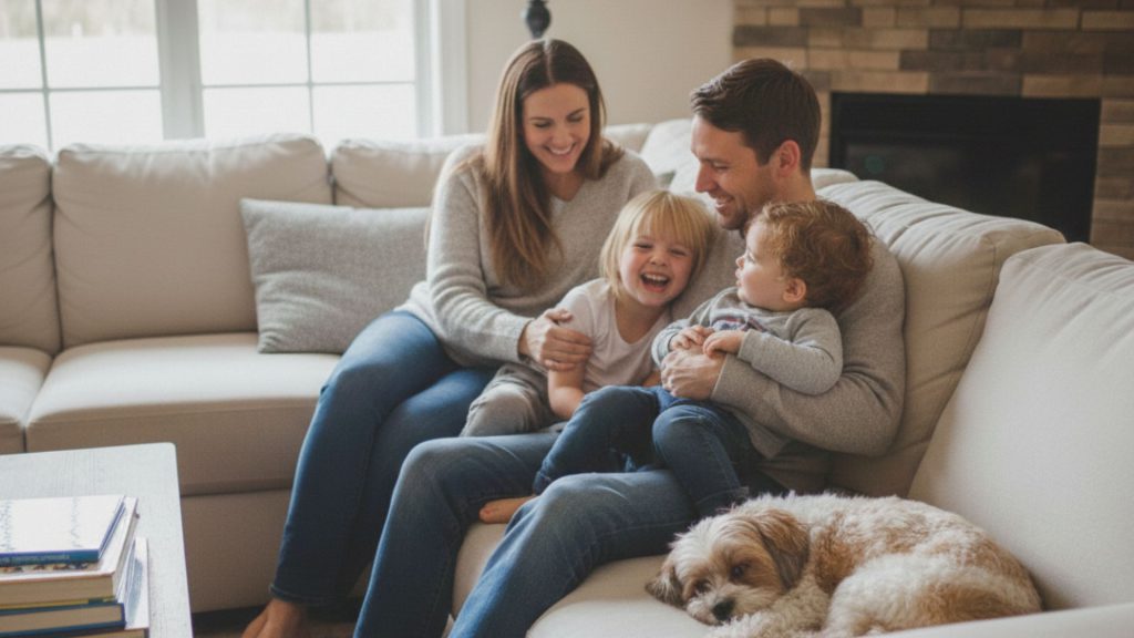 Parents with two young toddlers on an l-sectional with a fluffy dog.