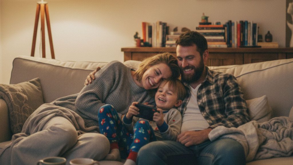 Parents cuddling with their child paying video games on the couch.