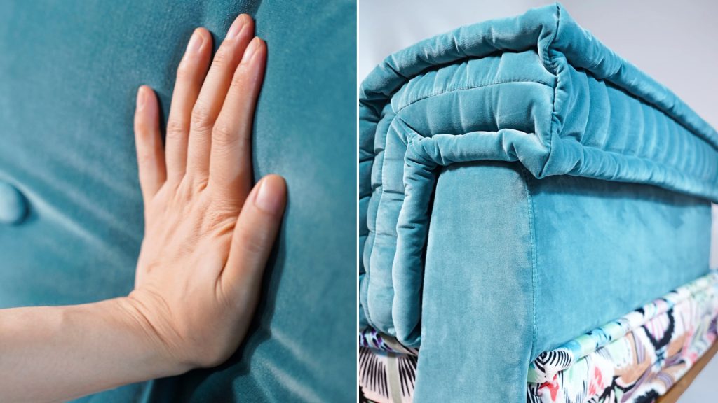 Closeup of Adorn Croft's colorful sofa in teal with a teak wood base set.