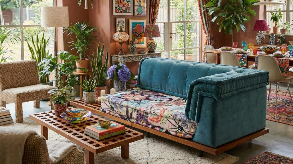 Adorn Croft’s French Daybed Sofa with Teak Wood Base Set placed between a living room and a dining room.