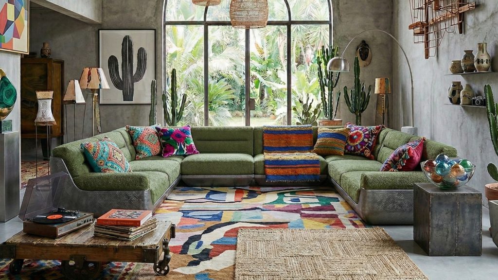 A green sofa with vibrant pillows in a rustic living room.