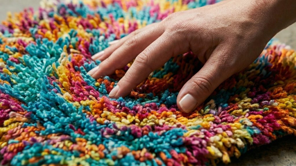 A hand feeling the texture of a colorful rug swatch.