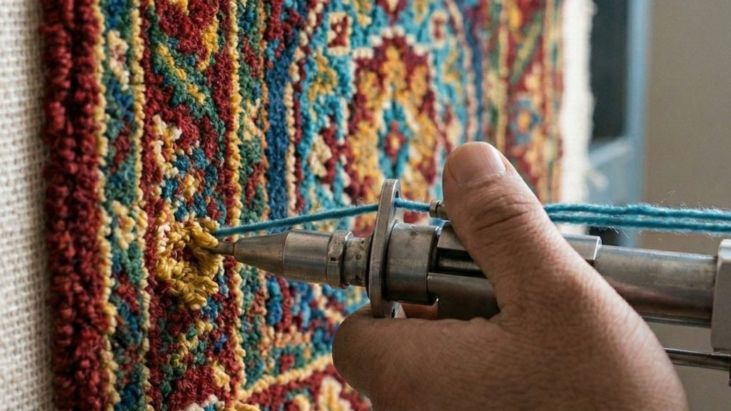 A hand holding a tufting gun creating a rug.