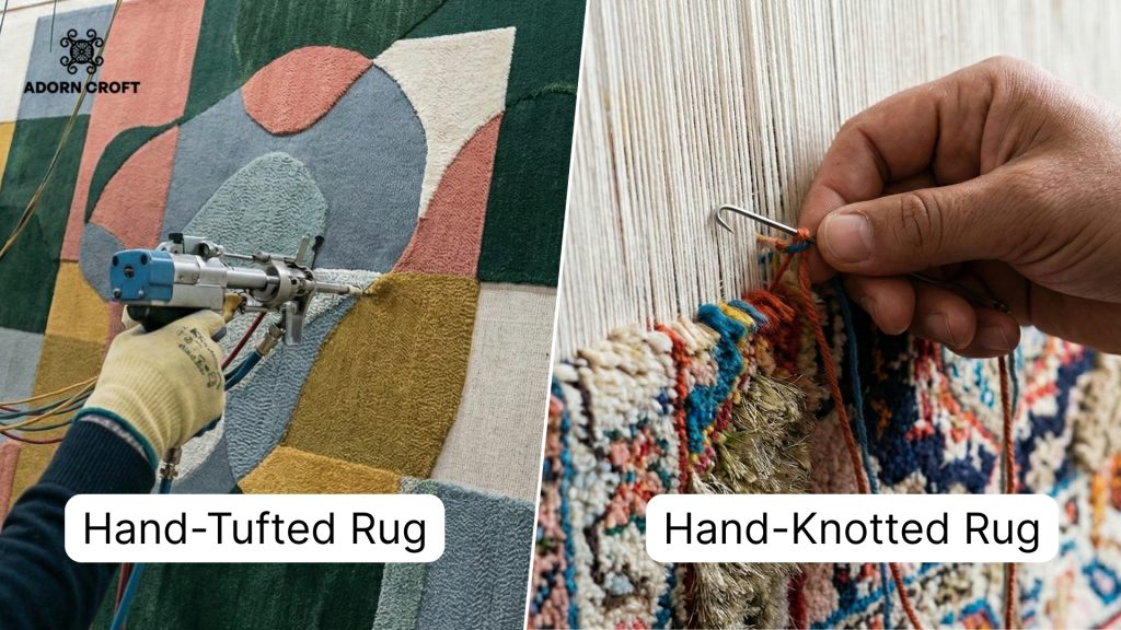 Side-by-side comparison of a hand-tufted rug on the left and a hand knotted rug on the right.