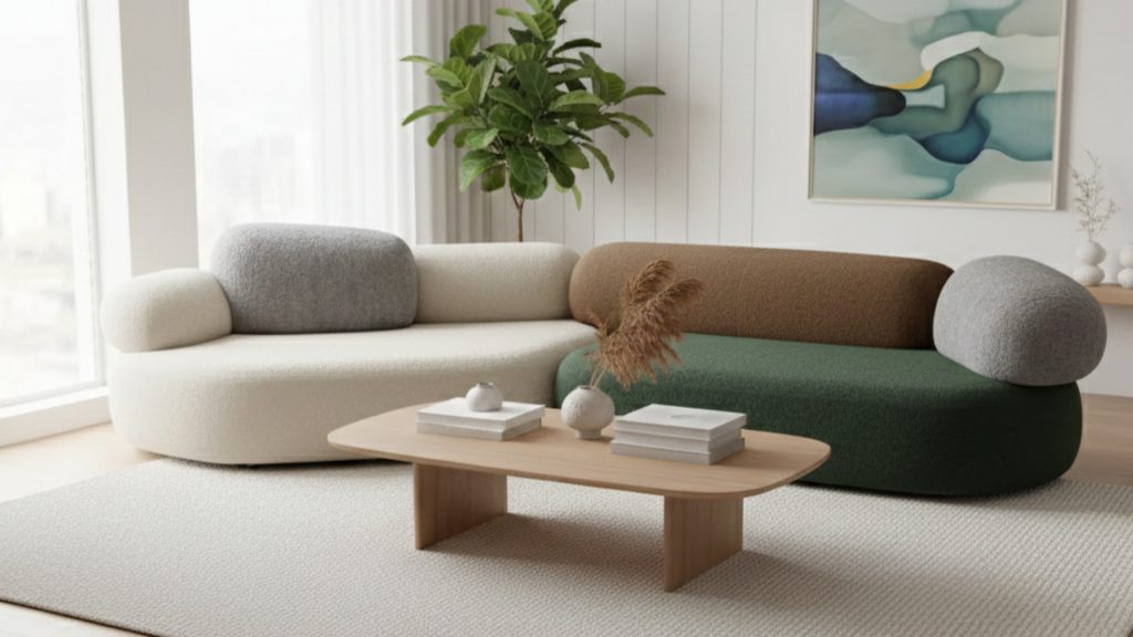 Holly Pebble Sofa from Adorn Croft in a minimalistic apartment living room with a neutral palette.