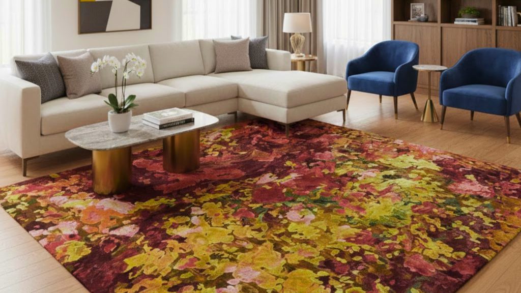 Adorn Croft's I LOVE COLOR rug decorating a spacious living room with a white sofa.