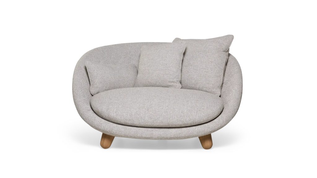 Mooi's Love Sofa in grey with a white background.