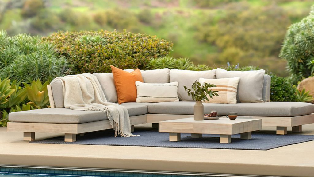 Article's Lubek Outdoor Low Corner Sectional in a backyard setting.