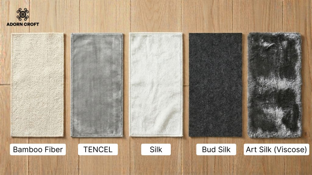 Swatches of bamboo fiber, TENCEL, silk, bud silk, and art silk.