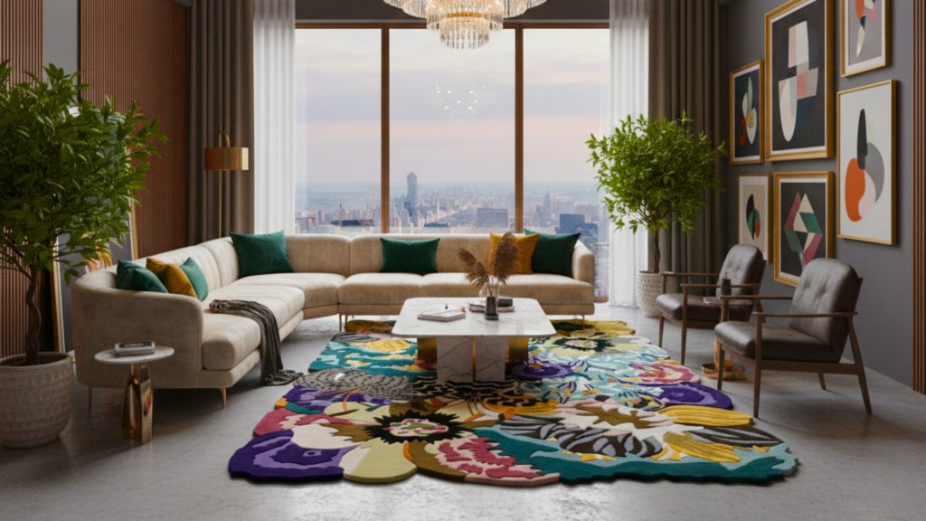 Adorn Croft's colorful Mah Jong Floral rug in a luxurious living room setting.
