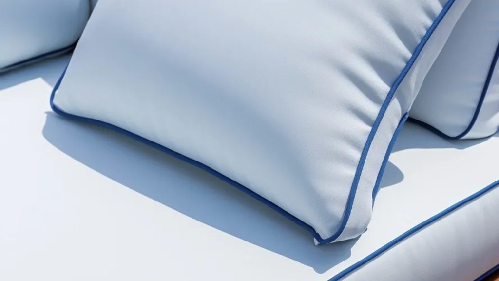 Close-up of a blue outdoor sofa fabric.