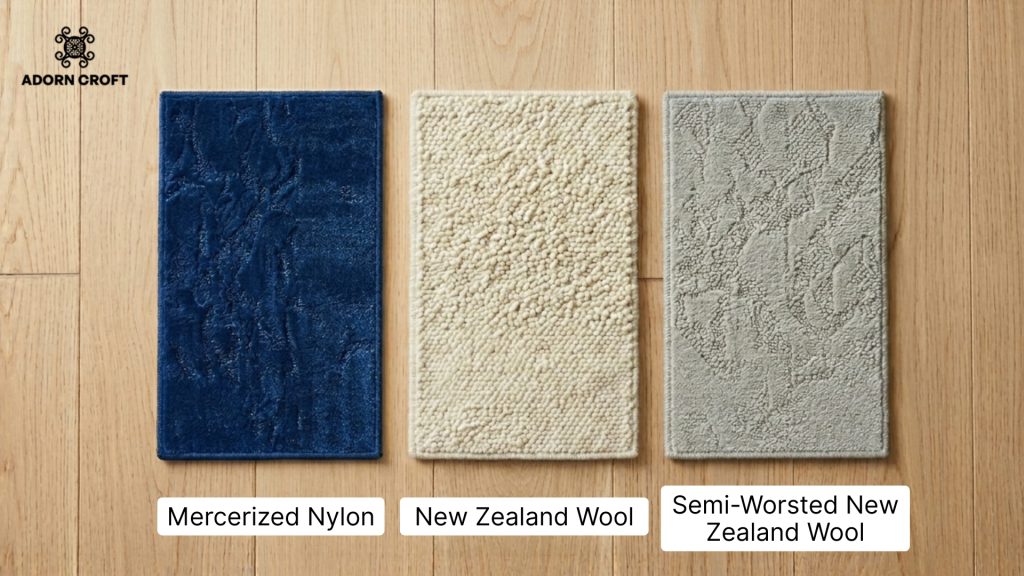 Swatches of mercerized nylon, new zealand wool, and semi-worsted new zealand wool.