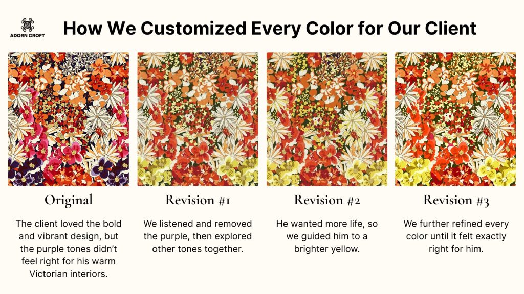 Comparison of Adorn Croft's revision of sofa fabrics for a client.