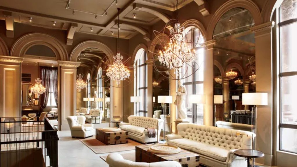 RH's sofa in a showroom.