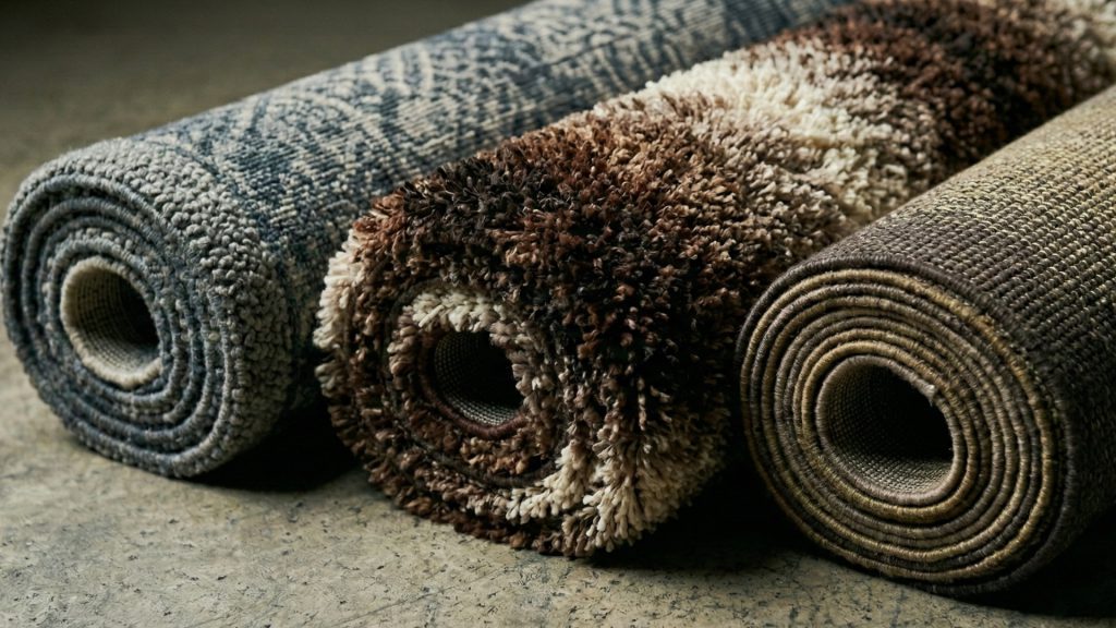 Three rolled carpets with different textures.