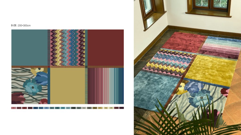 Side-by-side comparison of a custom rug rendering on the left and the finished result on the right.