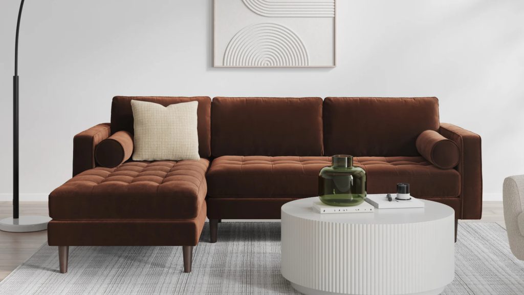 Article's Sven 100" Tufted Velvet in a minimalistic living room.