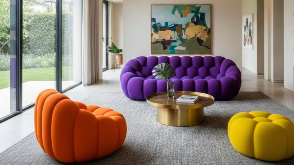 Adorn Croft's 3-Seater Bubble Sofa in purple with an orange single-seater and yellow ottoman.