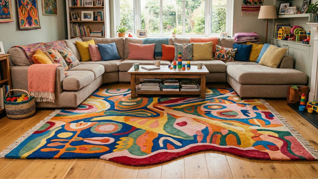 Vibrant, irregularly shaped rug in a cozy living room.