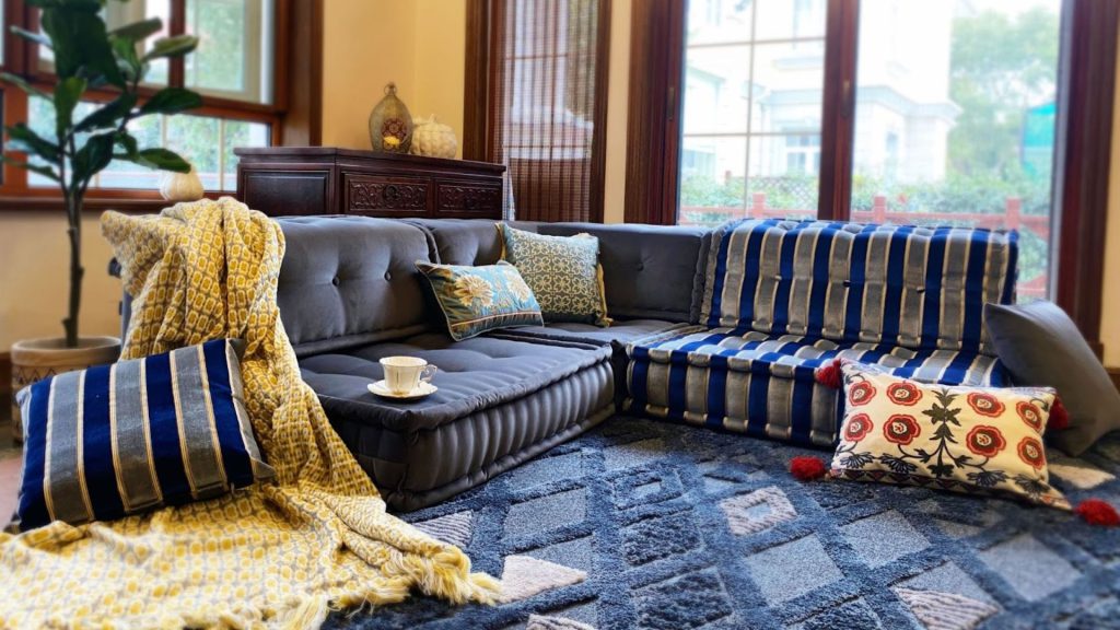 Adorn Croft's colorful sofa in a variety of blue performance fabrics.