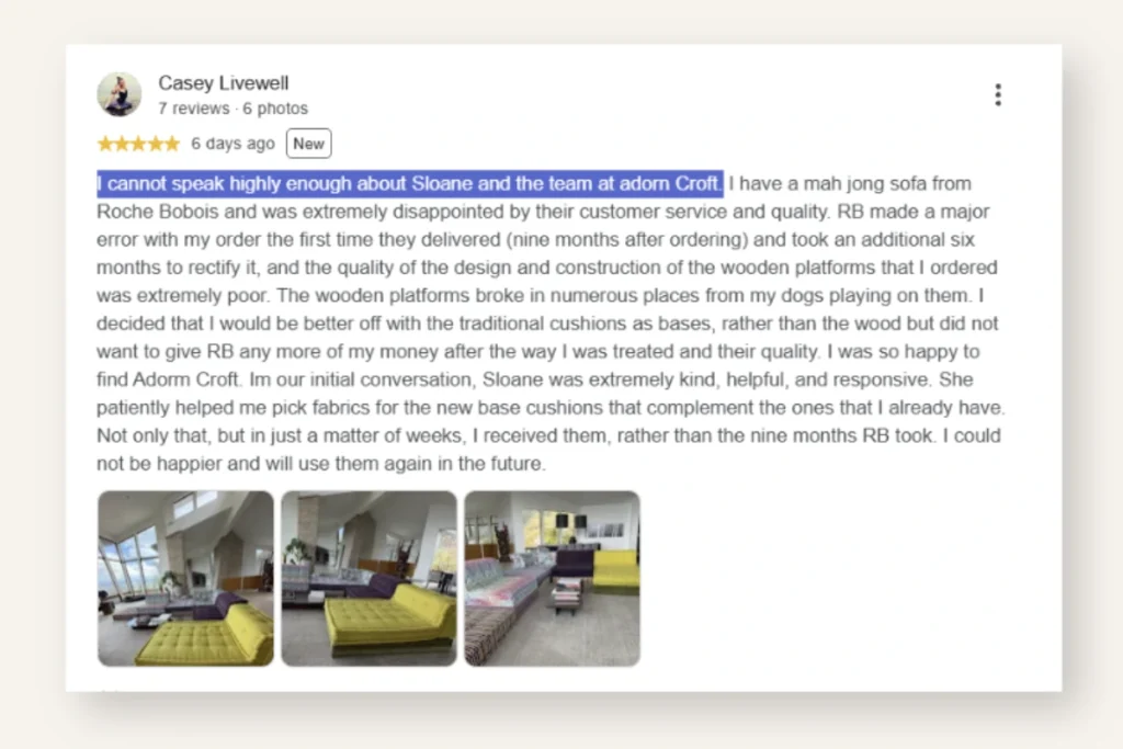 Five star Google review from Casey Livewell praising Adorn Croft's fast lead times and quality sofa cushions