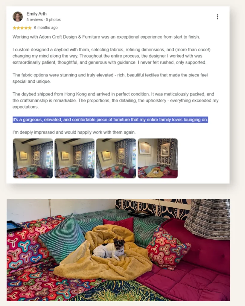 Five star Google review from Emily Arth praising Adorn Croft's support as she changed her mind for her kid-friendly sofa