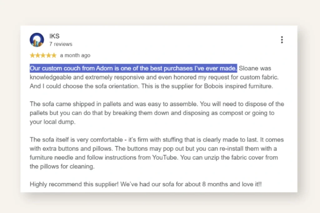 Five star Google review from IKS praising Adorn Croft's custom couch comfort and fabric options