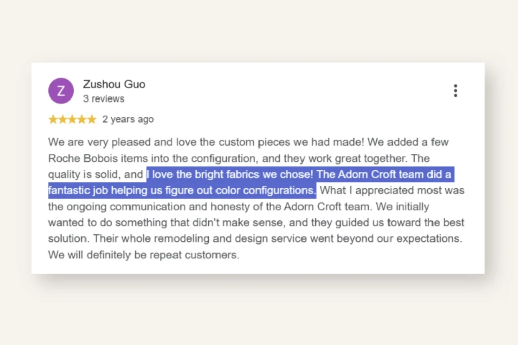 Five star Google review from Zushou Guo praising Adorn Croft's custom sofa quality and fabric guidance