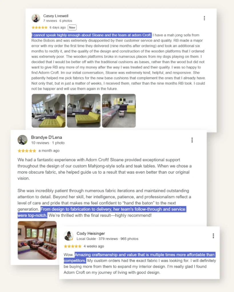 Five-star Adorn Croft customer reviews describing custom mah jong-style sofa builds and design support