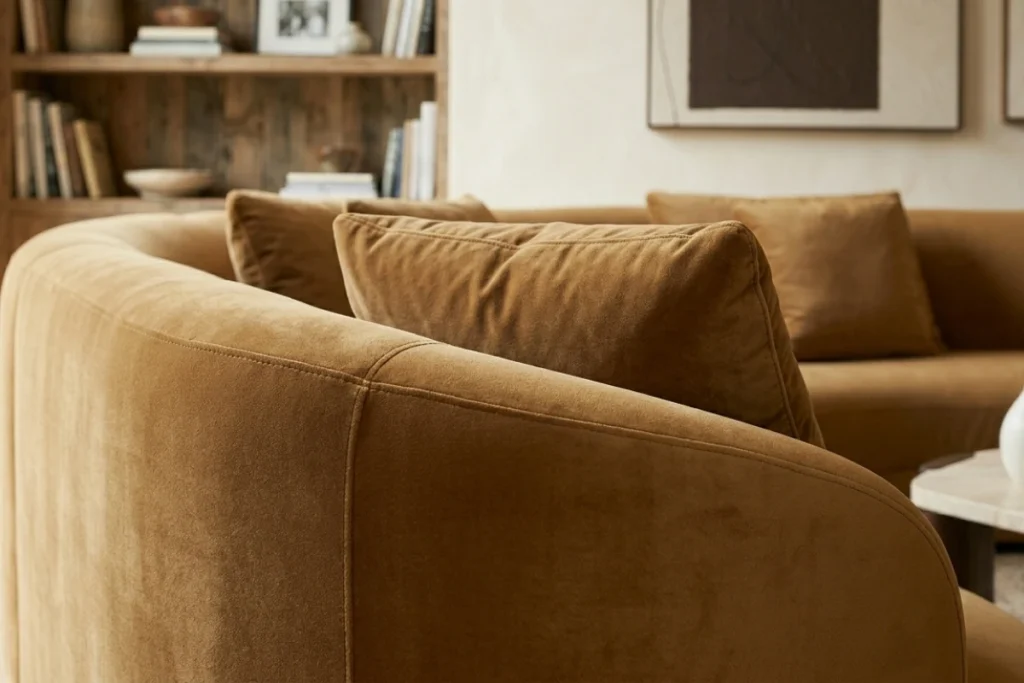 Close-up of the rounded arm and velvet back cushions on the Doni curved sectional
