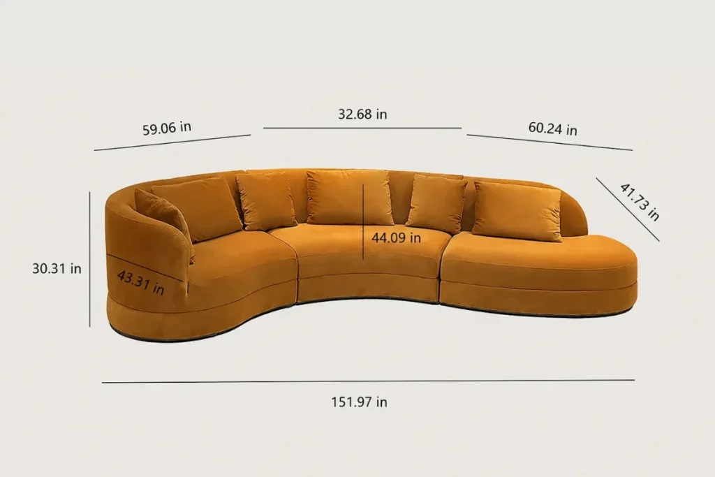 Adorn Croft's Doni curved sectional in caramel velvet with its dimensions marked