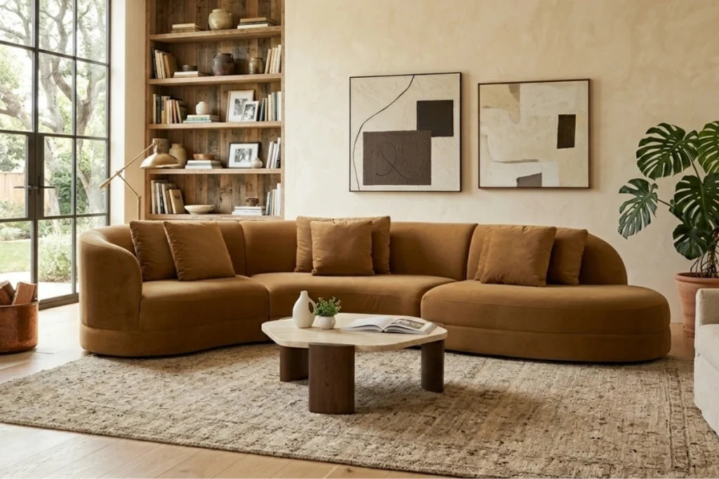 The Doni curved sectional in caramel velvet in a bright living room with a bookshelf and wood coffee table