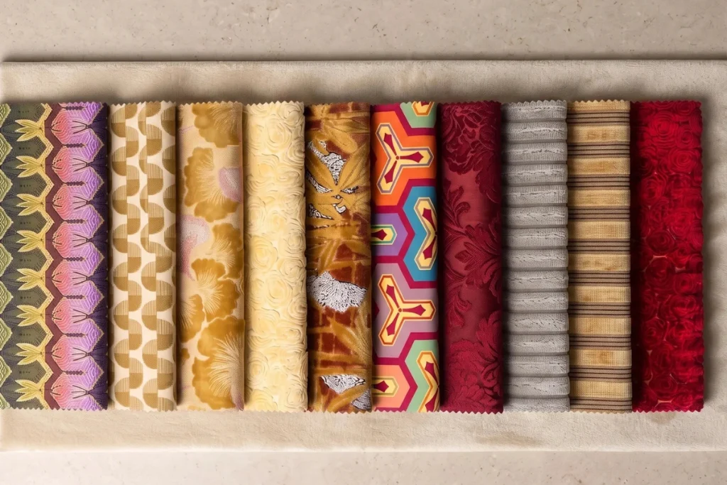 Ten premium fabric swatches from Adorn Croft, including patterned jacquards, embossed velvets, stripes, and a deep red rose velvet