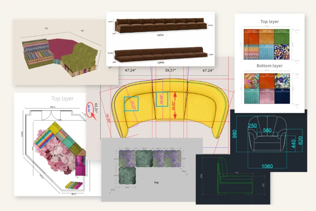 Adorn Croft's free 2D sofa renderings showing custom dimensions, fabric layouts, and configuration options