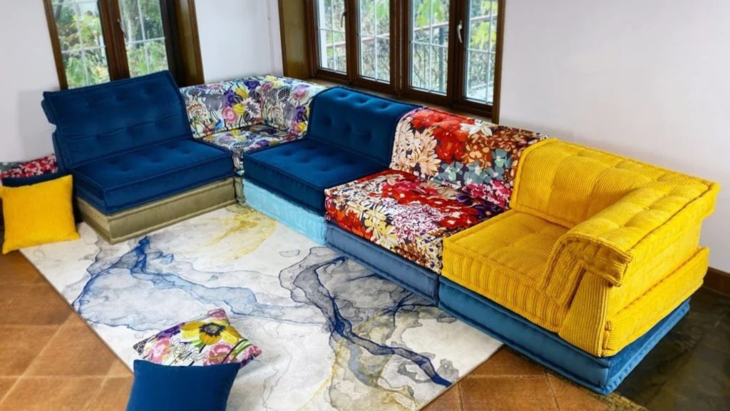 Adorn Croft's colorful sectional with a white rug.