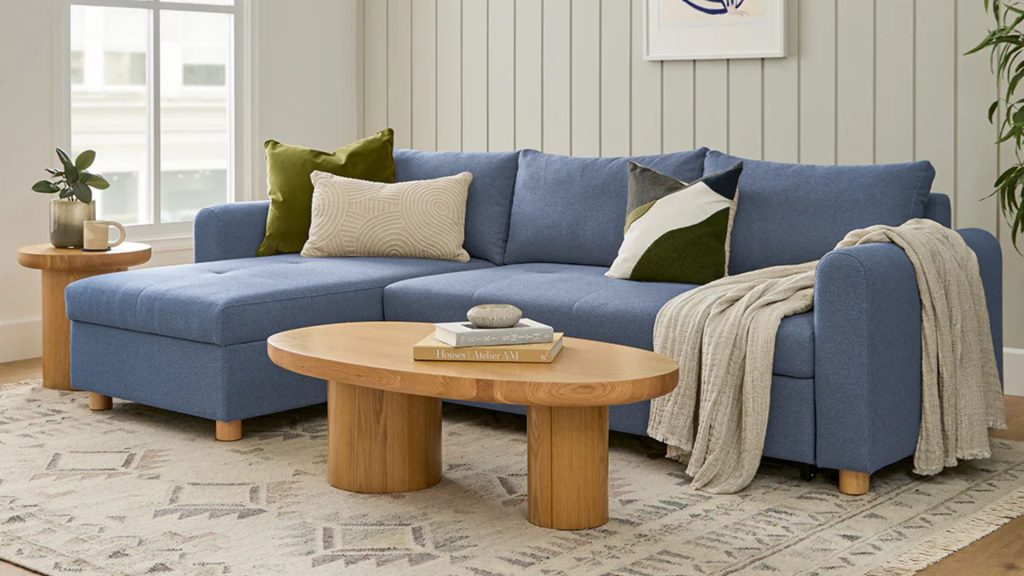 Article's Nordby sofa in blue in a living room.