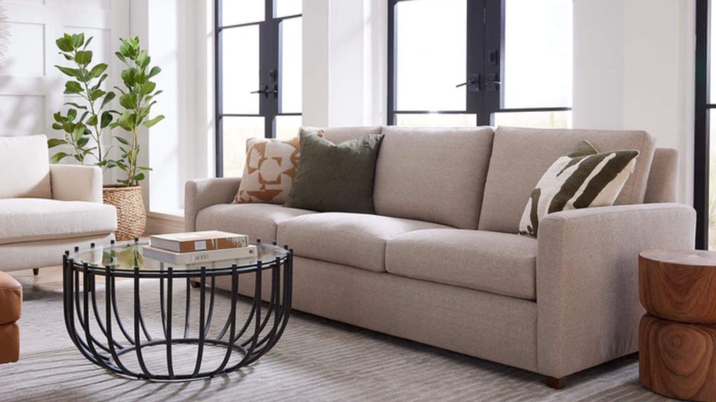 BechMade Modern's sofa in grey upholstery in a modern living room.