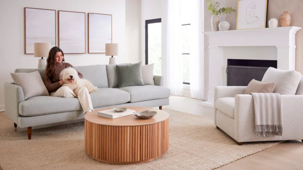 BenchMade Modern's sofa in a modern living room with a lady and a white dog lounging.