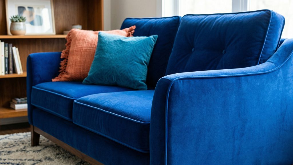 A blue classic sofa in a living room.