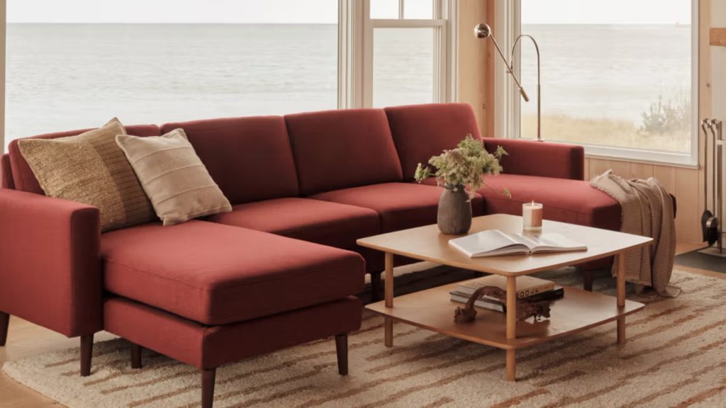 Burrow's red sectional in a living room.