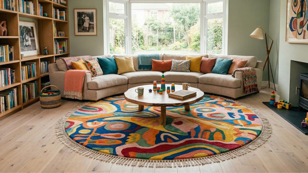 A vibrant circular rug in a living room.