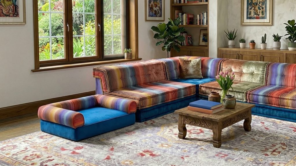 A blue dog bed matching a colorful sofa set in a living room.