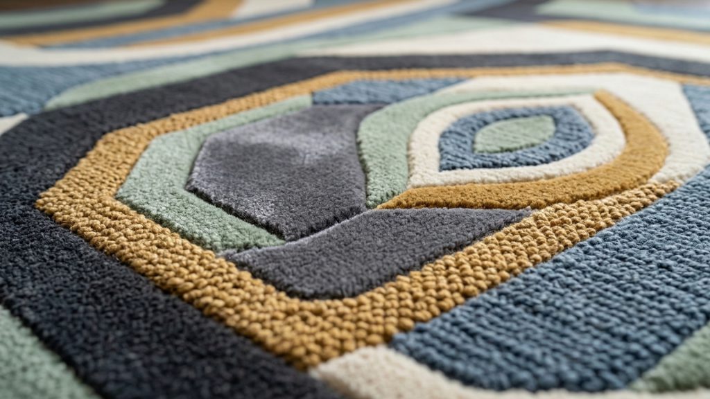 A closeup image of a cotton rug with multiple patterns.