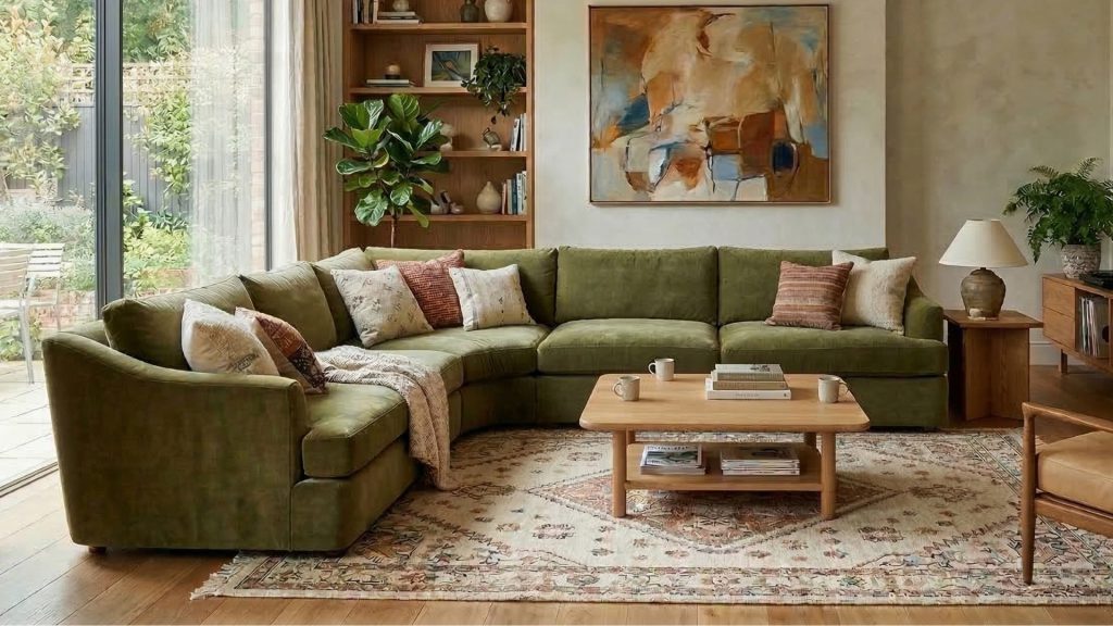 A stylish green sectional in a living room for kids.